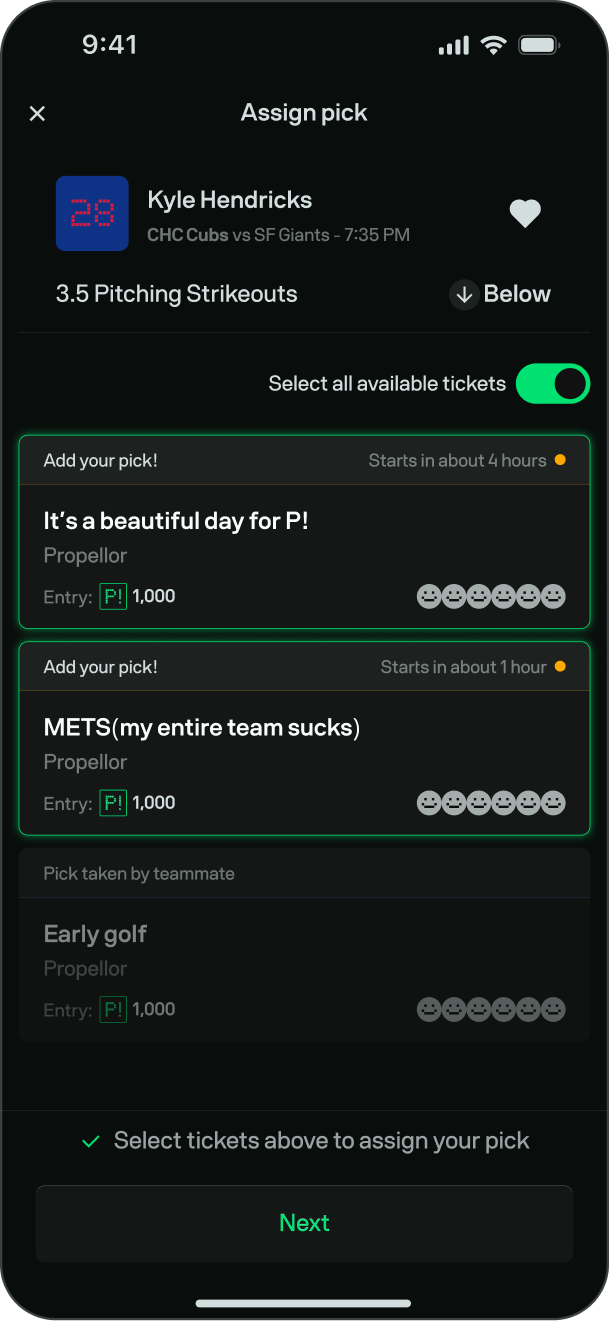 Propellor web app being viewed on a phone with the Assign Tickets page showing. This step is where you choose what tickets you want to add your selected prop to.